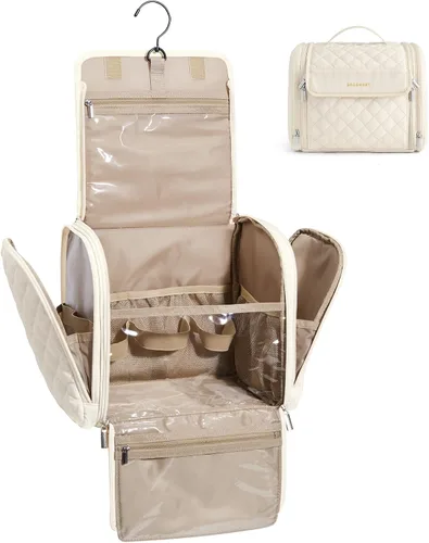 Vista 14 de BAGSMART Neceser de viaje para maquillaje con gancho para colgar, bolsa de cosméticos, organizador de gran capacidad, resistente al agua, para Beige