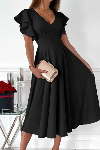 Vista 2 de PRETTYGARDEN Vestido midi de verano 2023 para mujer, manga casquillo con volantes, cuello en V, acampanado, vestido de cóctel