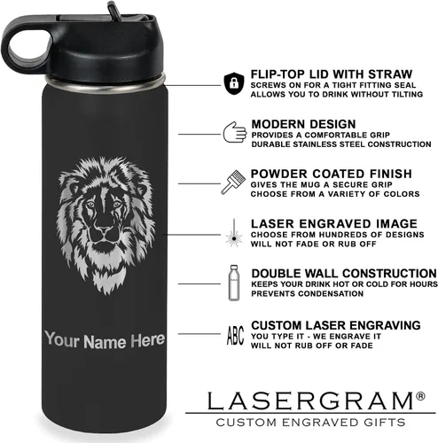 Vista 3 de LaserGram Botella de Agua Personalizada, Basketball Slam Dunk Man, Acero Inoxidable de Doble Pared con Aislamiento al Vacío con Pajita Abatible