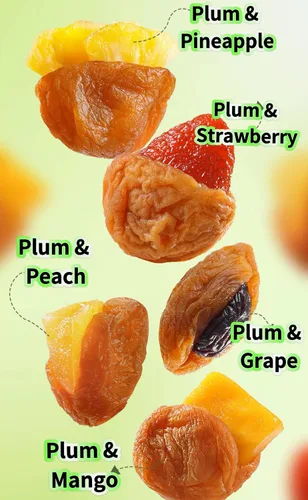Vista 4 de Bocaditos de frutas secas mixtas con ciruela – 5 sabores surtidos: uva, mango, fresa, melocotón y piña, aperitivo masticable suave, 7 oz