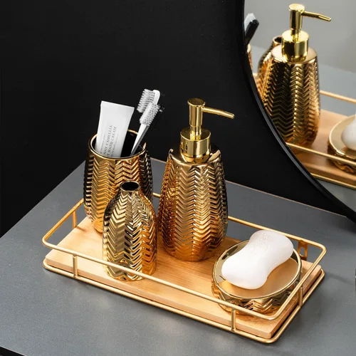 Vista 3 de Accesorios de baño dorados, hermoso juego de decoración de baño, juego de regalo de cerámica de 5 piezas, dispensador de jabón, soporte para cepillo