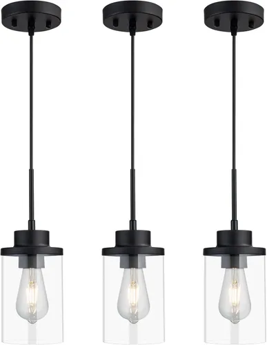 Vista 10 de Moderna Lámpara Colgante de Granja Negra de Vidrio Transparente Cilíndrico, Iluminación Colgante de Metal Industrial Mini para Isla de Cocina, Mesa