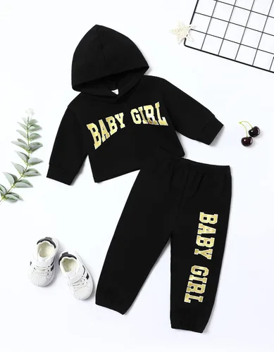 Vista 4 de Menglang Conjunto de sudadera corta con capucha y pantalones para niña pequeña para otoño e invierno