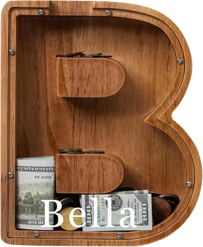 Vista 32 de Alcancía para niños y niñas, alcancía de madera con letra grande del alfabeto con inicial A, banco de monedas, regalos divertidos para cumpleaños