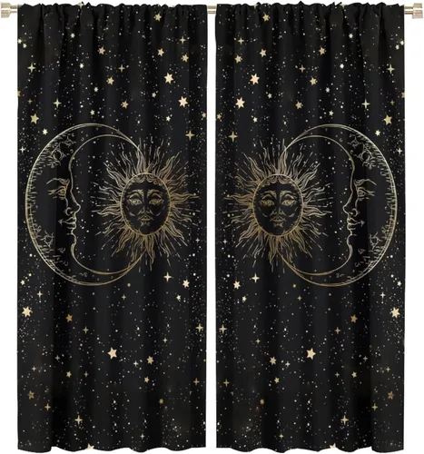 Vista 105 de Cortinas opacas con diseño de sol y luna, cuerpos celestes bohemios, con diseño de sol, luna y estrellas, para sala de estar, dormitorio, 42 x 45