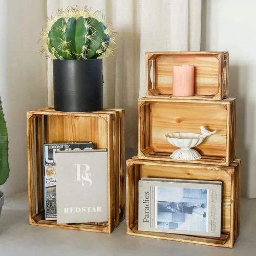Vista 6 de Juego de 4 cajas de madera grandes decorativas con asas, cajas rústicas de madera de granja marrón para exhibición, organizador de cestas