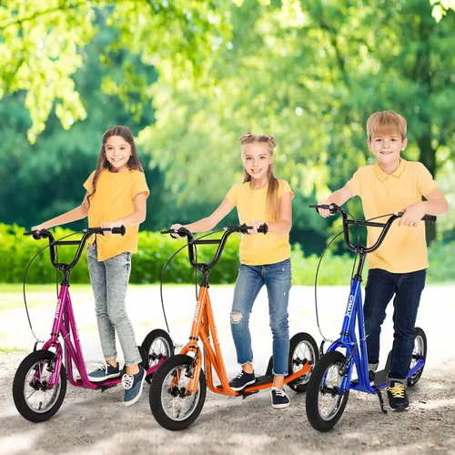 Vista 8 de GYMAX Patinete todoterreno para niños y adultos con ruedas inflables de 12 pulgadas, manillar de altura ajustable, frenos de mano tipo V y clavijas