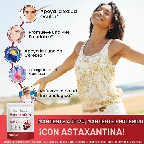 Vista 7 de Astaxantina 12 mg, Astaxantina 120 cápsulas blandas premium, extraídas naturalmente de Haematococcus pluvialis Suministro de 4 meses