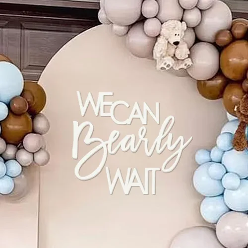 Vista 7 de Letrero "We Can Bearly Wait" para telón de fondo - Pancarta temática de oso de peluche para fiesta de bebé, niño, niña, baby shower, revelación