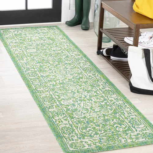 Vista 3 de JONATHAN Y Alfombra de pasillo floral tejida para interiores y exteriores 2X8, color crema/verde, tela bohemio texturizada para el patio trasero