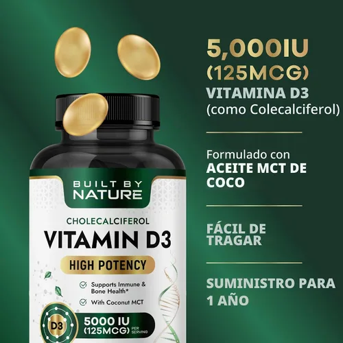 Vista 3 de Built by Nature Suplemento de vitamina D3 de 5000 UI, 360 mini cápsulas blandas