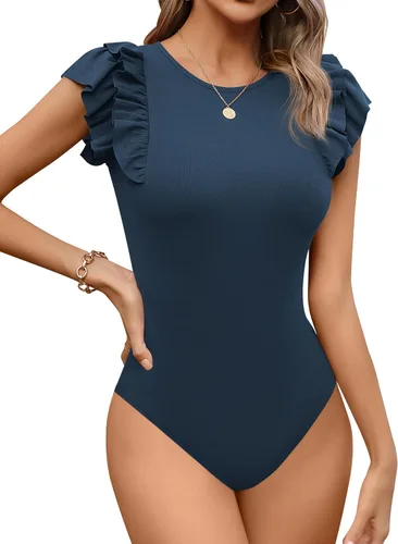 Vista 10 de Missufe Body casual acanalado con mangas con volantes y volantes para mujer