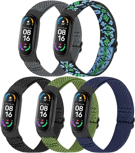 Vista 12 de TumpCez Paquete de 5 correas de nailon Solo Loop compatibles con Xiaomi Mi Band 7 6 5 4 3/Amazfit Band 5 correas, ajustable, transpirable, cómoda