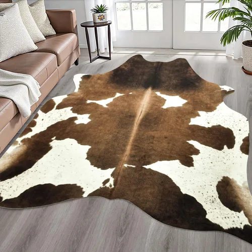 Vista 21 de Easycozy Alfombra de piel de vaca sintética con gran estampado de vaca, 3 x 4 pies, alfombra gruesa y elástica para dormitorio, sala de estar