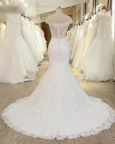 Vista 2 de Clothfun - Vestido de novia para mujer con encaje corte sirena y mangas