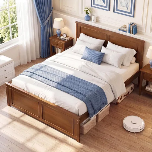 Vista 12 de KOMFOTT Twin Size Bed Frame, Farmhouse Wooden Platform Bed with Headboard Nogal