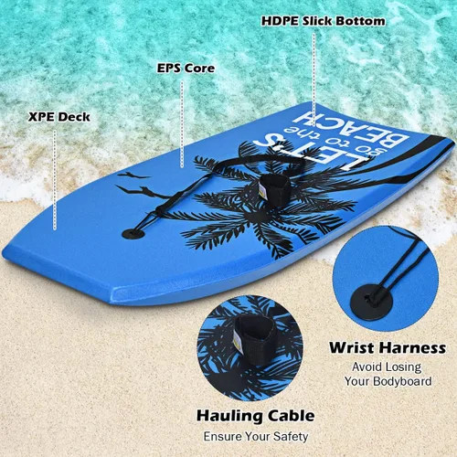 Vista 2 de GYMAX Tablas de Bodyboard para Playa, Tabla de Bodyboard de 33"/37"/41" con Núcleo de Espuma EPS, Cola en Media Luna, Doble Canal y Correa