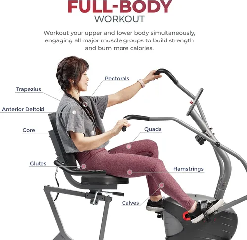 Vista 3 de Bicicleta reclinante inteligente Sunny Health & Fitness, entrenamiento completo del cuerpo en casa con ejercitadores de brazos y piernas, máquina