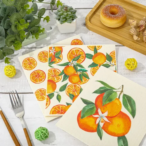 Vista 4 de Whaline 6 paños de cocina suecos anaranjados con patrón de frutas cítricas de algodón, toallas de cocina absorbentes de verano para fiestas, hogar