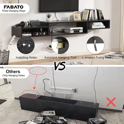 Vista 6 de FABATO Soporte de TV flotante de 59 pulgadas con toma de corriente montado en la pared, consola multimedia, estante debajo del televisor para caja