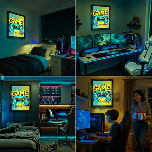Vista 6 de Cartel de neón para gamer, arte de pared con forma de gamepad regulable en acuarela, imágenes coloridas sobre lienzo para colgar en pared