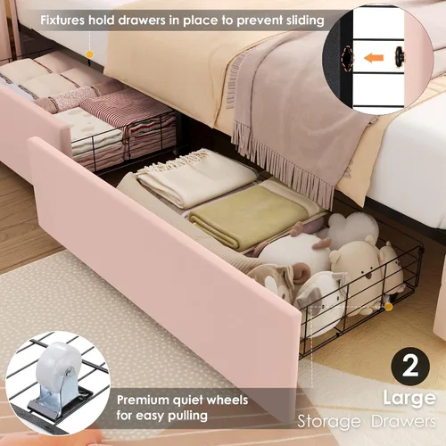 Vista 5 de Hifit Base de cama LED, tamaño individual, cabecera capitoné con botones de cristal, 4 cajones, moderna, piel sintética, de princesa, para niñas,