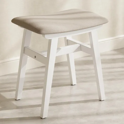Vista 11 de Taburete de tocador pequeño de madera maciza, silla de maquillaje compacta con cojín de sillín, asiento de esponja de alto rebote cubierto de lino