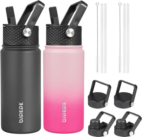 Vista 7 de BJPKPK Paquete de 2 botellas de agua aisladas con tapas con pajita, botella de agua de metal de acero inoxidable de 18oz con 6 tapas, jarras a