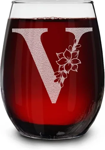 Vista 25 de Copa de vino sin tallo, con monograma floral, grabada con láser, 15 onzas, regalo inicial personalizado para ella (B)