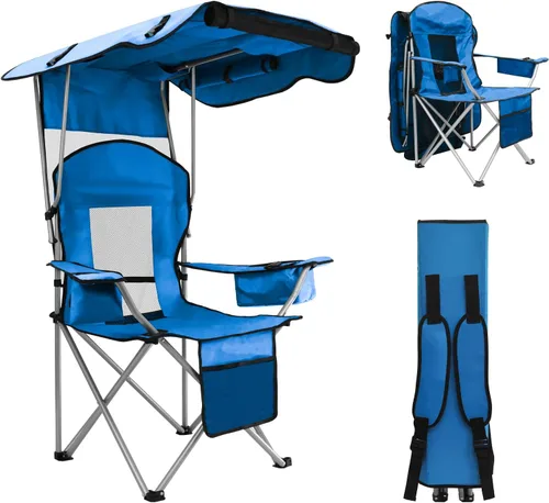 Vista 8 de BDL Silla de camping con toldo y sillas de playa plegables portátiles con refrigerador, respaldo de malla, portavasos y bolsillo para campamento