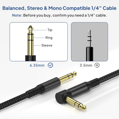 Vista 3 de Elebase Paquete de 2 cables TRS para instrumentos de 1/4 de pulgada de 3.3 pies, acodado a recto, conector macho jack estéreo de 6.35mm, línea