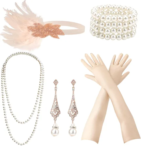Vista 14 de DRESHOW Juego de accesorios del Gran Gatsby de los años 20 para mujer, accesorios de disfraz de flapper, diadema de plumas, juego de accesorios de 1