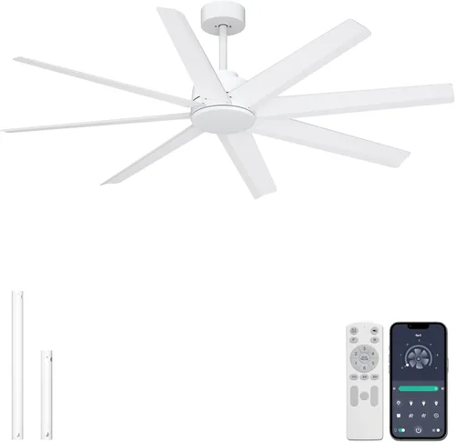 Vista 9 de Ohniyou Ventilador de techo de 60 pulgadas con luz, ventilador de techo blanco moderno de 8 aspas con control remoto y aplicación, regulable