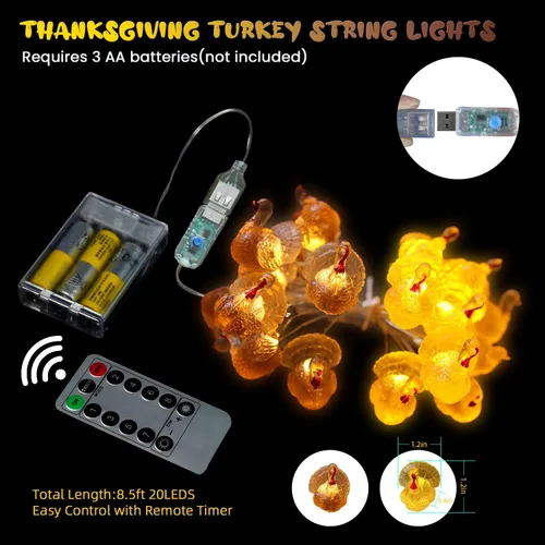 Vista 3 de Luces de pavo de Acción de Gracias, decoración de cosecha de otoño, luces de otoño 3D Turquía de 8.5 pies, 20 luces LED de alambre de cobre USB