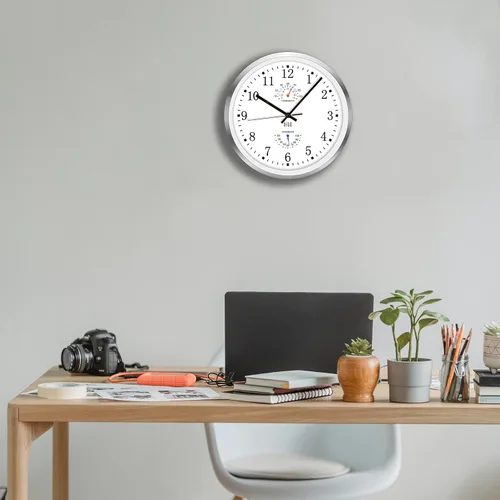 Vista 14 de HITO Reloj de pared silencioso de 10 pulgadas, funciona con pilas, sin tictac, cubierta de vidrio, marco de aluminio plateado, para decoración