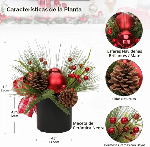 Vista 2 de Briful Mini árbol de Navidad artificial de 10 pulgadas en maceta con piñas, bayas y cinta de bola de Navidad roja, arreglos navideños, centros