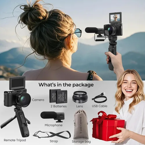 Vista 7 de Cámara de vlogging 4K con kits Creator Cámara digital 5K para fotografía Cámara de video de 64MP con pantalla abatible, micrófono, trípode