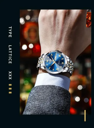 Vista 2 de OLEVS Reloj para hombre con diamantes de imitación, analógico, de cuarzo, acero inoxidable, impermeable, luminoso, fecha, dos tonos, de lujo