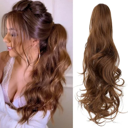 Vista 10 de Extensión de cola de caballo con clip, de 18 pulgadas, 20 pulgadas, rizada, ondulada, recta, cola de caballo larga con clip, para mujer, rubio ceniza