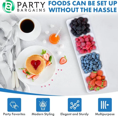 Vista 5 de Party Bargains Bandeja rectangular seccional desechable blanca (paquete de 4) de 5 x 16 pulgadas. Bandeja de plástico con 4 compartimentos