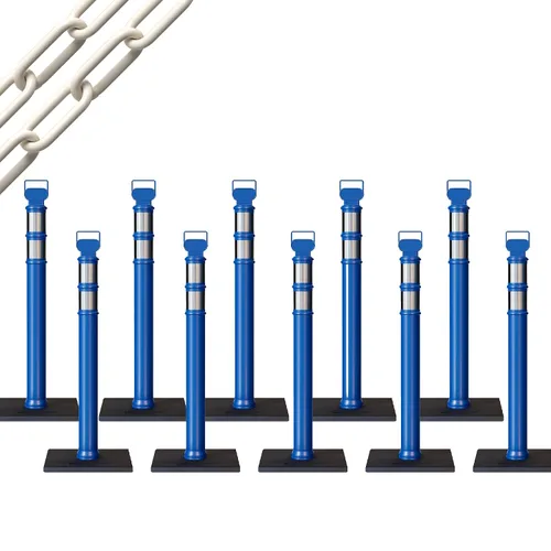 Vista 59 de CCW 10-Pack 45" Delineador Post Kit, 3" Collares reflectantes, 10 lb Base de goma (10 postes azules con cadena negra de 50 pies)