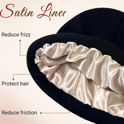 Vista 2 de NPQQUAN 2 PCS Satin Lined Beanie for Women Silk Lined Beanies Winter Warm Soft Lining Cuffed Knit Beanie Hats for Women