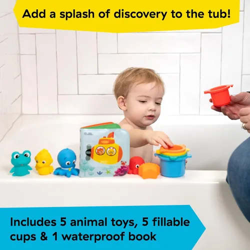 Vista 3 de Baby Einstein Ocean Explorers Opus Bath Pals - Juego de regalo de 11 piezas, libro de baño impermeable, tazas de baño, juguetes de baño