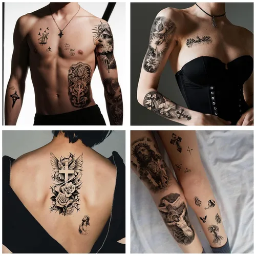 Vista 4 de Yazhiji 48 hojas de tatuajes temporales cristianos de brazo completo para adultos, tatuajes falsos de medio brazo religiosos de Jesús Cristo, cruz