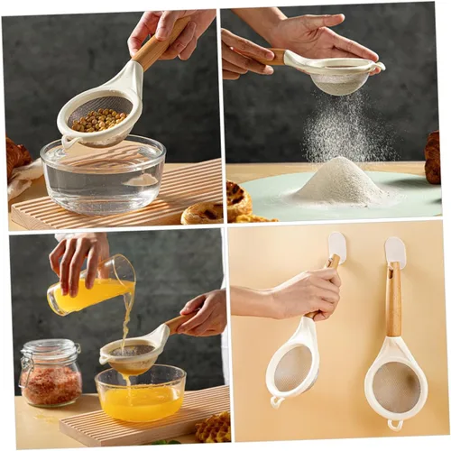 Vista 8 de Tamiz de harina de malla fina con mango de madera, pequeño tamiz de acero inoxidable para hornear azúcar en polvo, sal de cacao, filtro de cocina