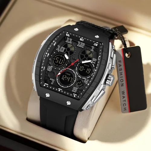 Vista 6 de Relojes para hombre, únicos rectángulos, reloj de pulsera blanco con pantalla digital analógica de doble hora, cronómetro de cuenta regresiva