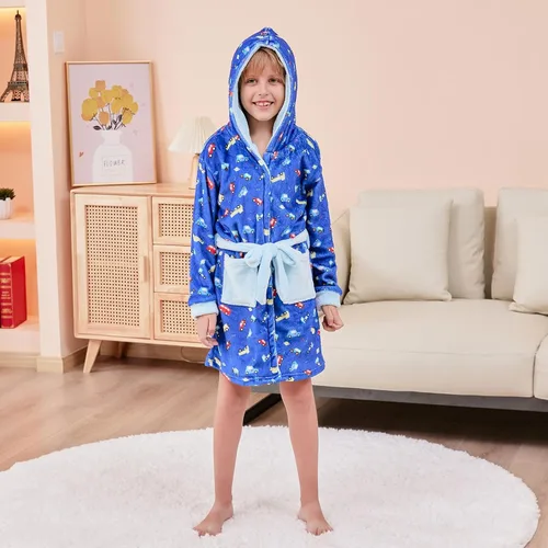 Vista 4 de Funnycokid Bata de baño suave de franela con capucha para niños de 3 a 10 años