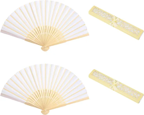 Vista 7 de Abanicos plegables de bambú blanco con tela de seda, perfectos para decoración de bricolaje, bodas, fiestas y bailes de verano (negro)