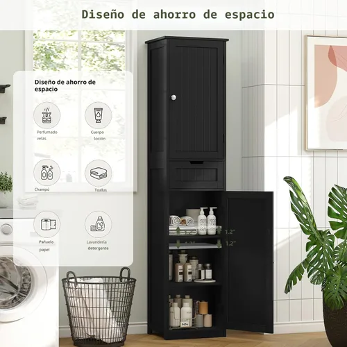 Vista 4 de Iwell Armario de baño alto negro con 2 puertas y 1 cajón, armario de almacenamiento de baño con estantes ajustables, unidad de almacenamiento