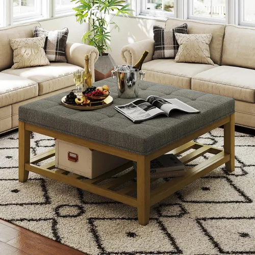 Vista 7 de Otomana con banco de almacenamiento, mesa de centro otomana de lino, gris oscuro Solid frame for added stability, 3.2-inch storage ottoman cushion
